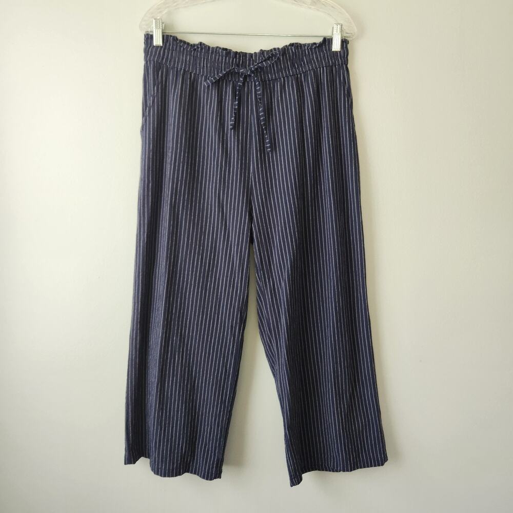Women's Wide Leg Linen Blend Pants L Navy White Coastal Beach Resortwear Cruise